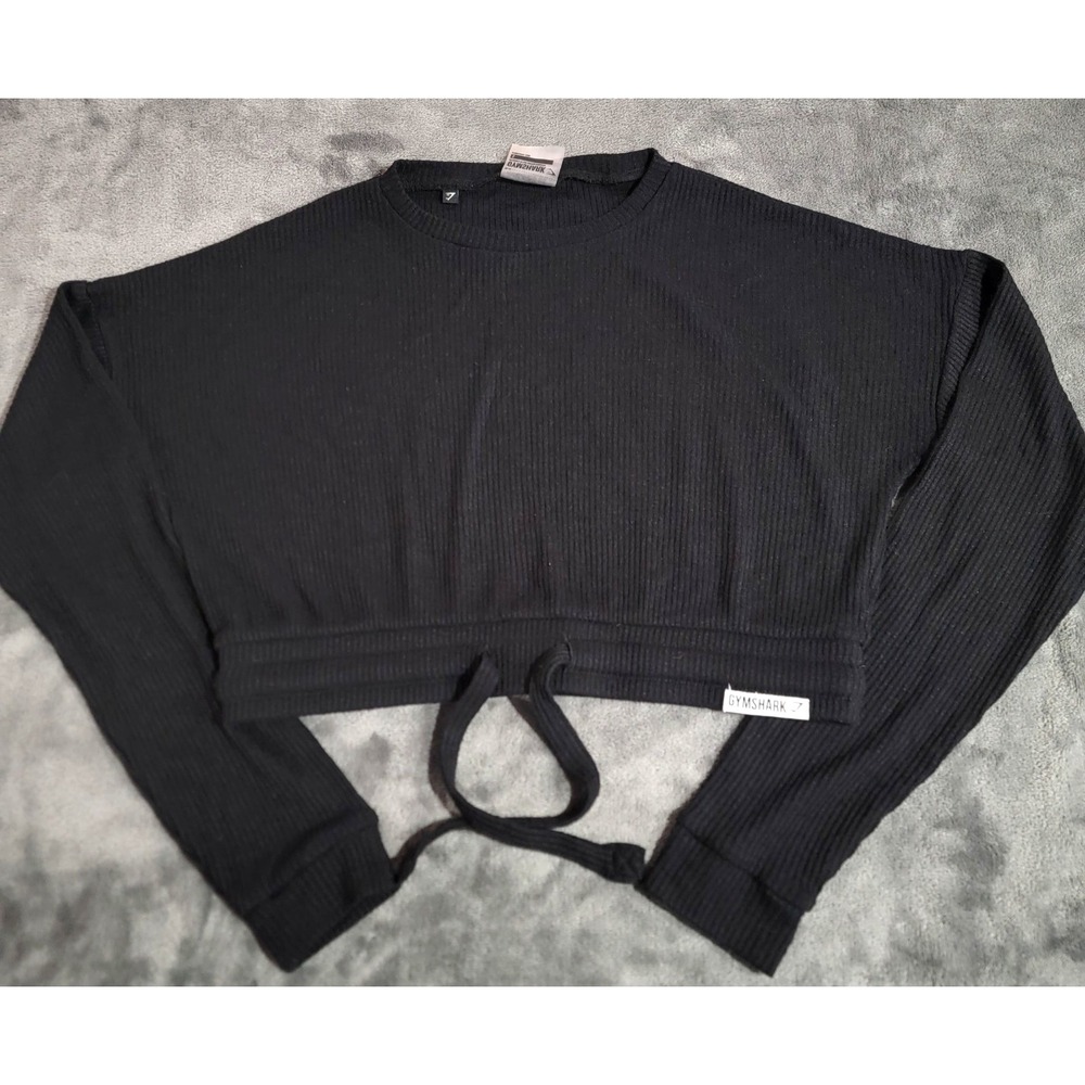 Gymshark Cropped Top Women Small Black Textured Knit Tie Front Athleisure Gym